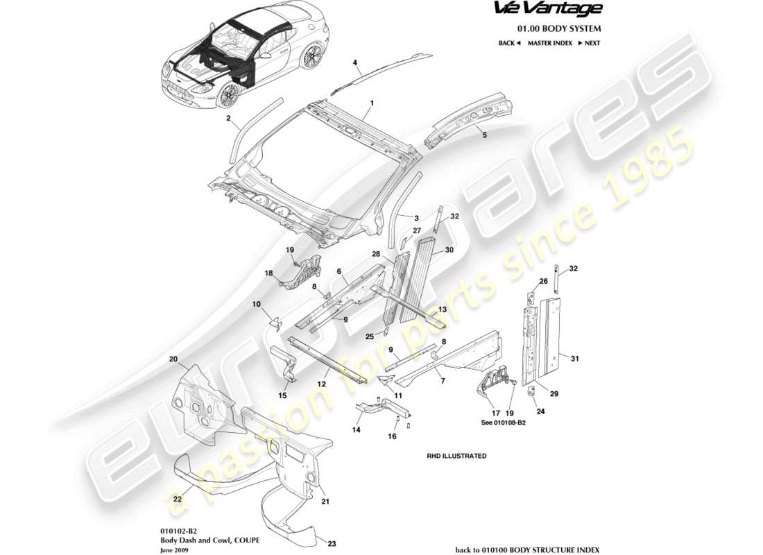 aston martin v12 vantage (2012) body dash and cowl, coupe part diagram