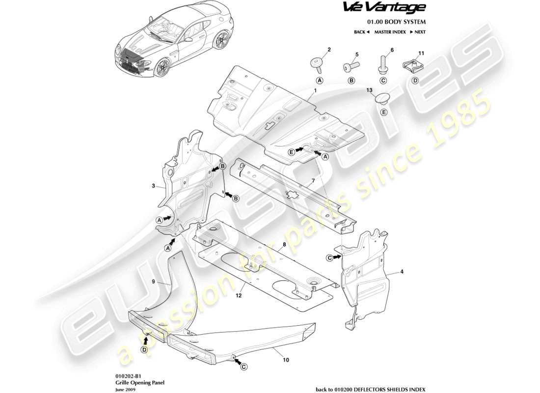 aston martin v12 vantage (2012) grille opening panel part diagram