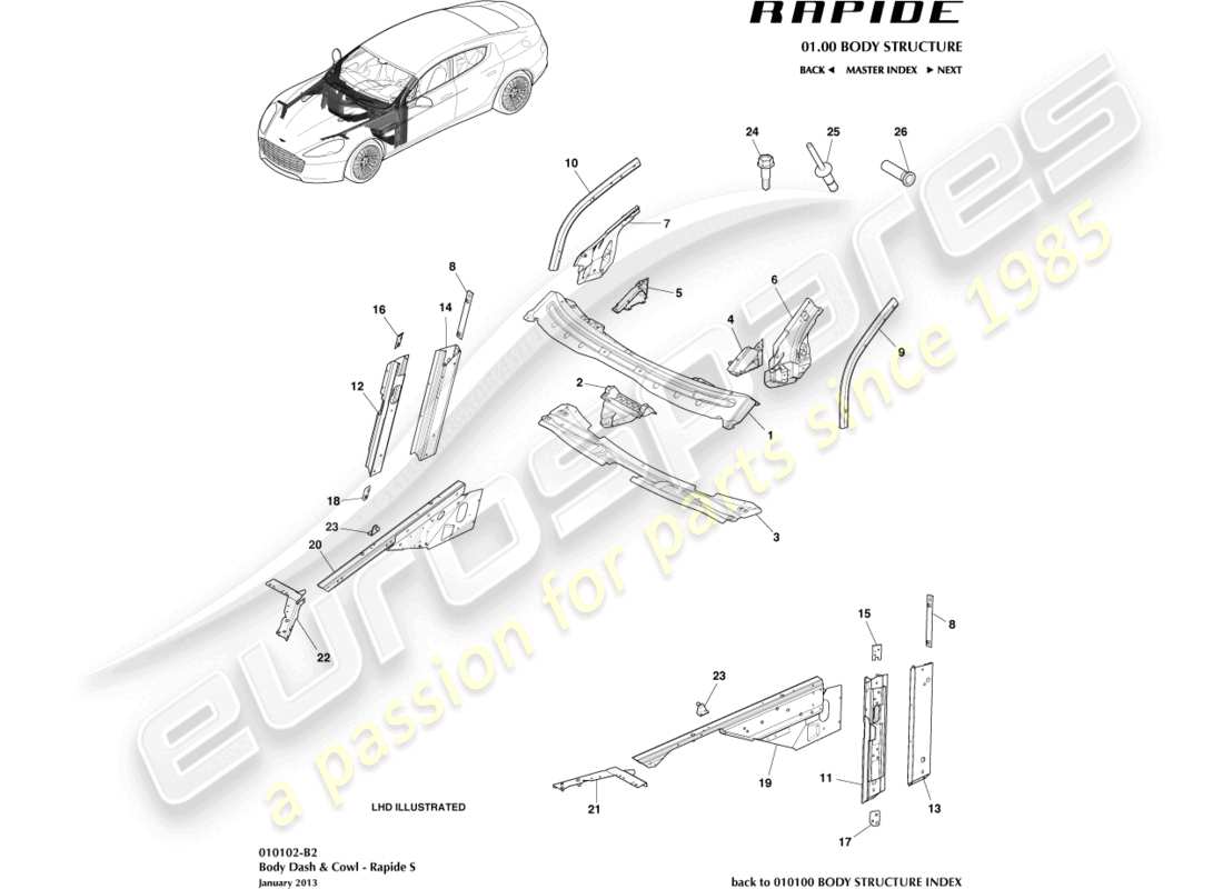 aston martin rapide (2010) body dash & cowl, s part diagram