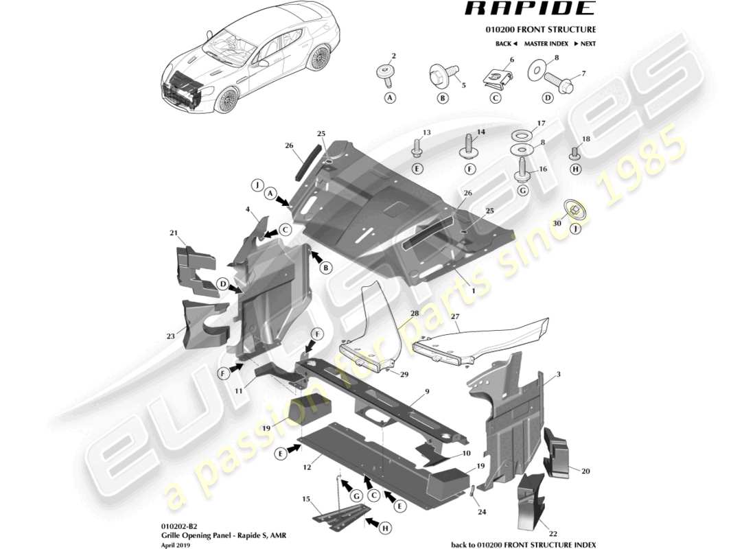 aston martin rapide (2010) grille opening panel, s part diagram