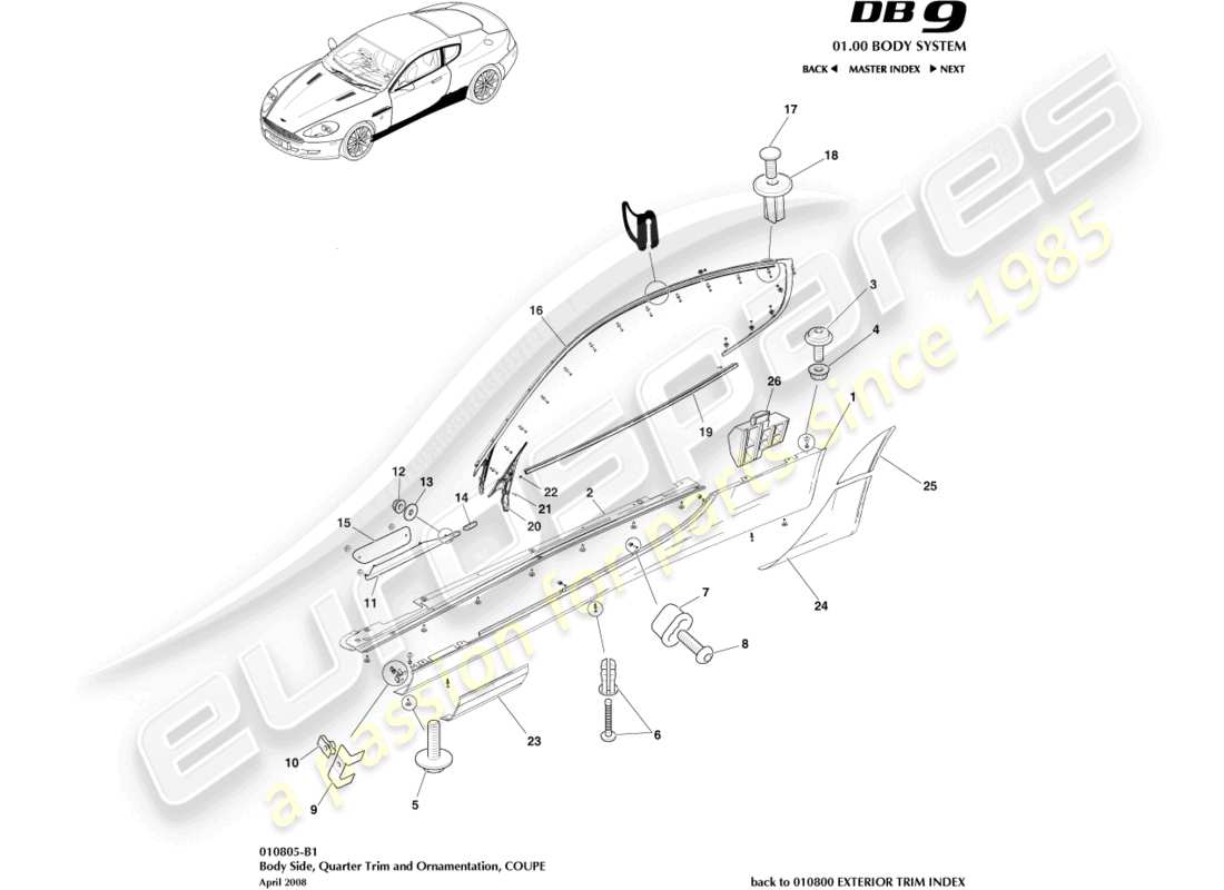 aston martin db9 (2004) bodyside & quarter trim, coupe parts diagram