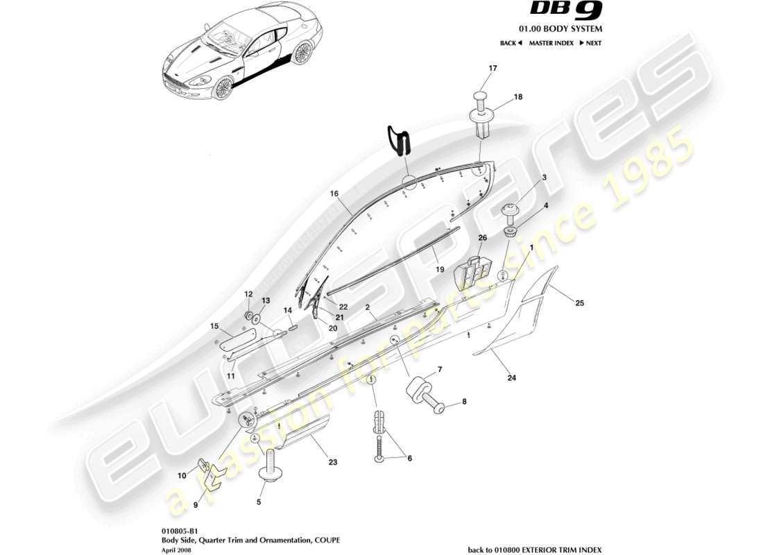 aston martin db9 (2004) bodyside & quarter trim, coupe part diagram