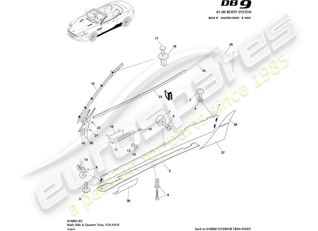 aston martin db9 (2004) bodyside & quarter trim, volante part diagram