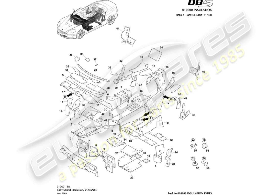 aston martin dbs (2009) body insulation, volante part diagram
