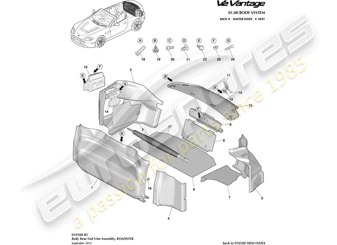 aston martin v12 vantage (2012) load compartment trim, roadster part diagram