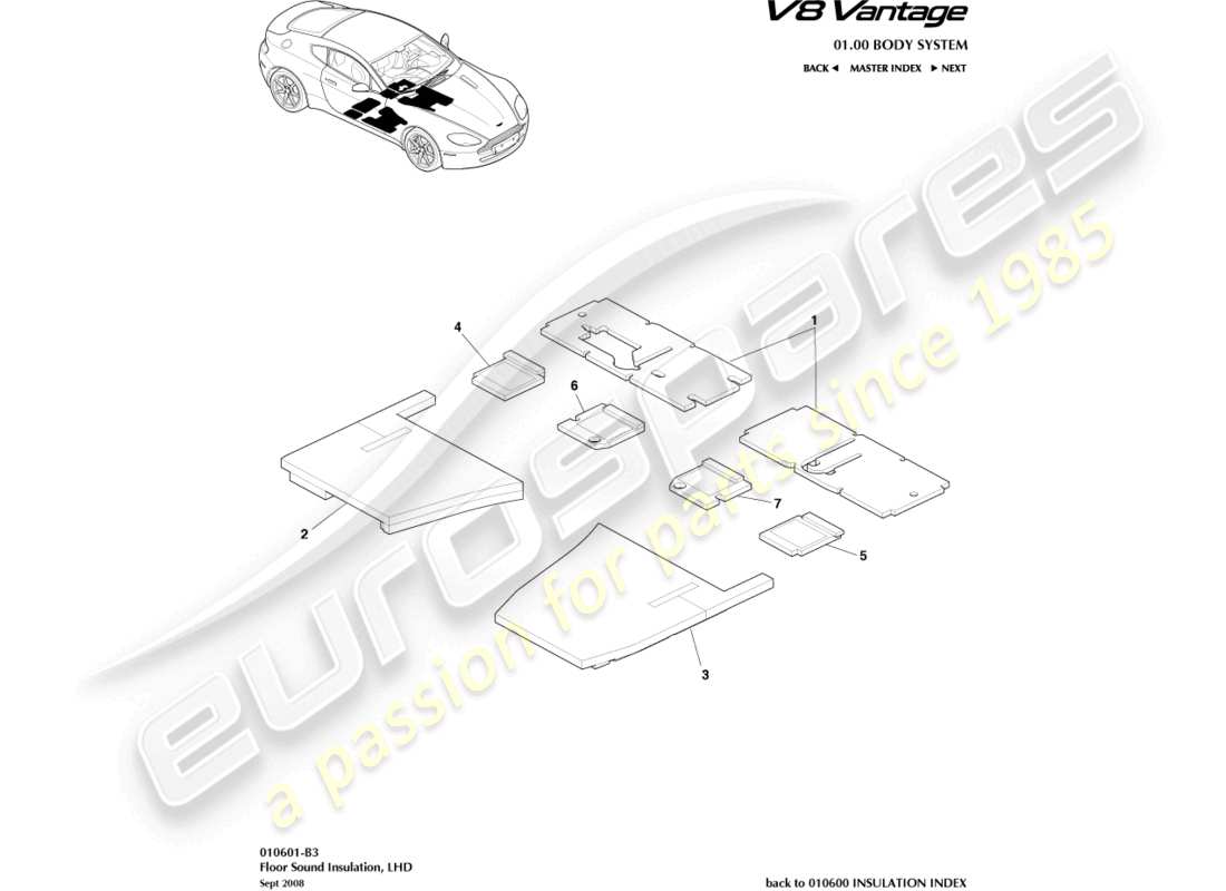 aston martin v8 vantage (2018) floor sound insulation, lhd part diagram