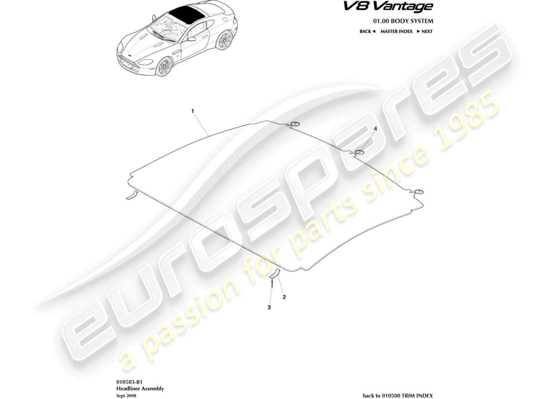 aston martin v8 vantage (2006) headliner assy parts diagram