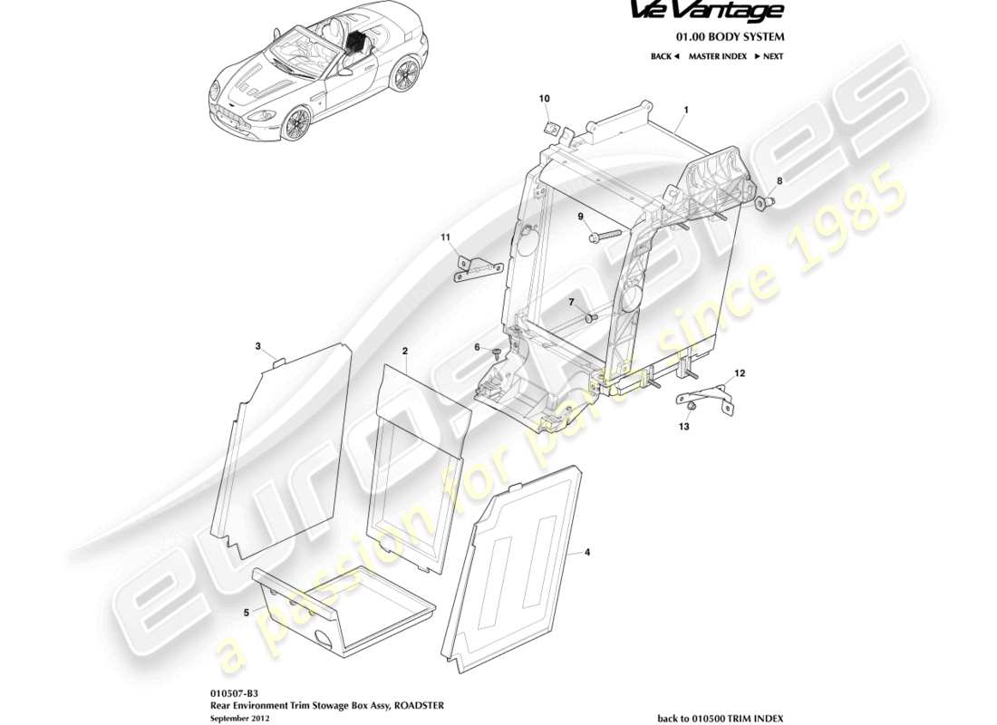 aston martin v12 vantage (2012) rear enviroment trim, roadster part diagram