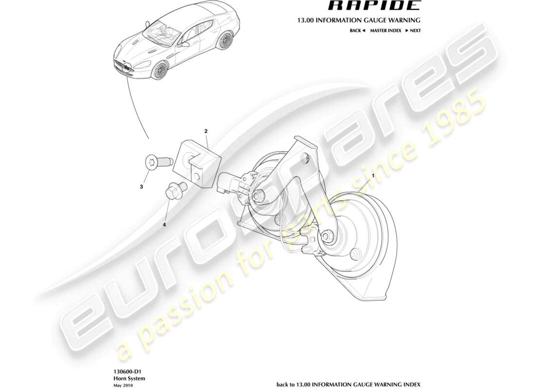 aston martin rapide (2010) traffic horn part diagram