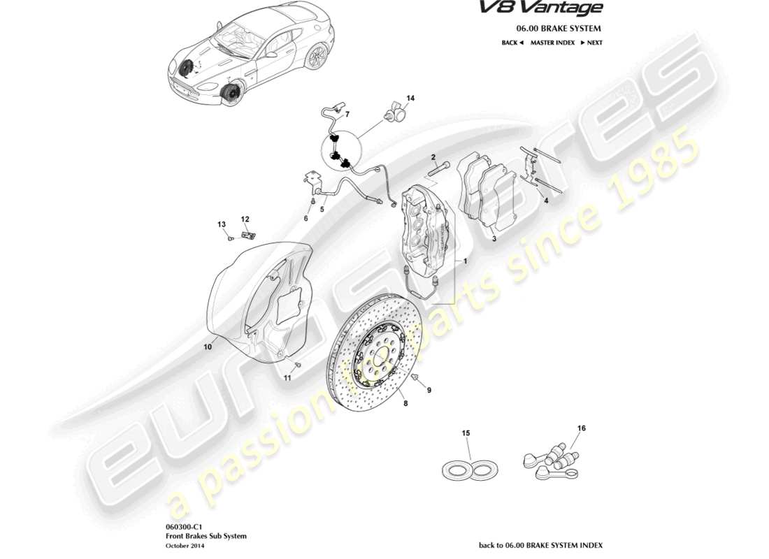 aston martin v8 vantage (2015) front brake system part diagram