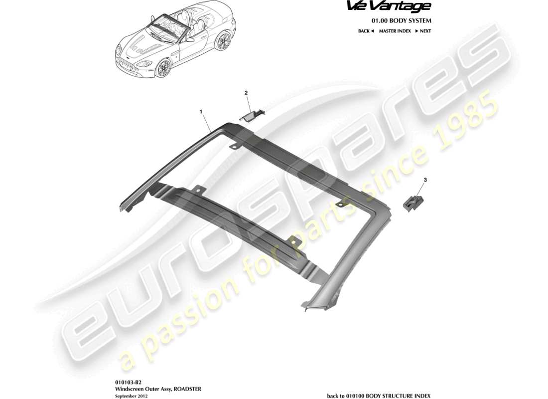 aston martin v12 vantage (2012) windscreen, outer, roadster part diagram