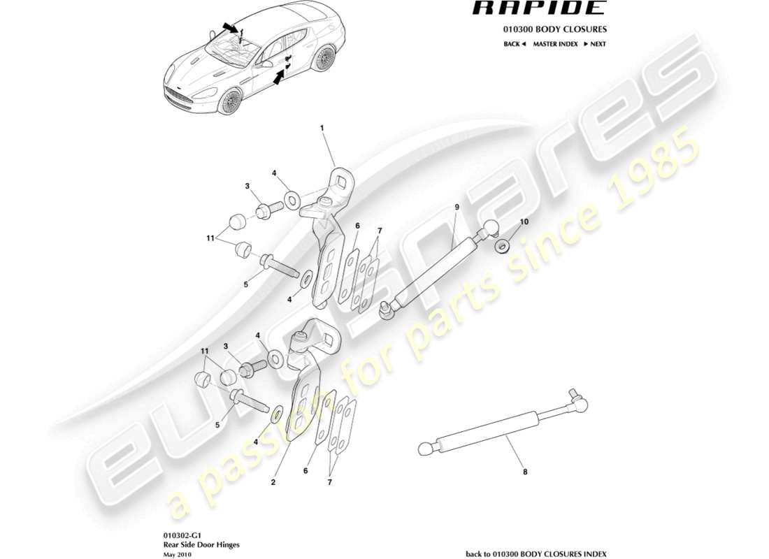 aston martin rapide (2010) rear door hinge assembly part diagram