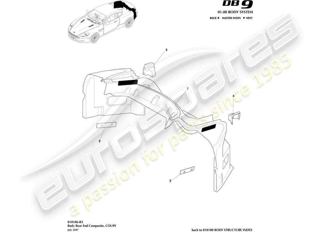 aston martin db9 (2008) body rear end composite, coupe part diagram