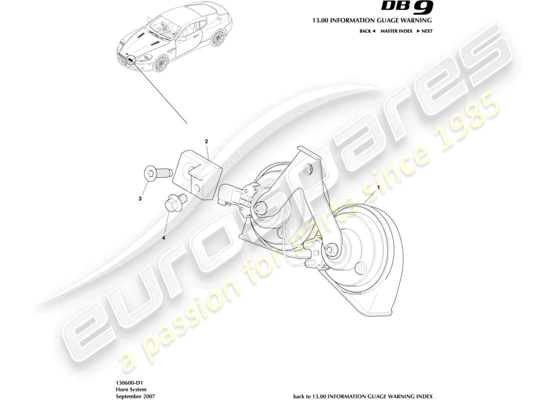 aston martin db9 (2008) horn system part diagram