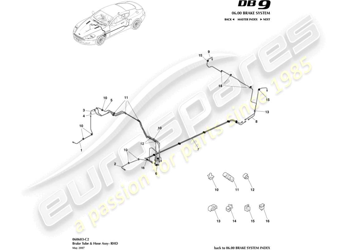 aston martin db9 (2004) brake lines & hoses, rhd parts diagram
