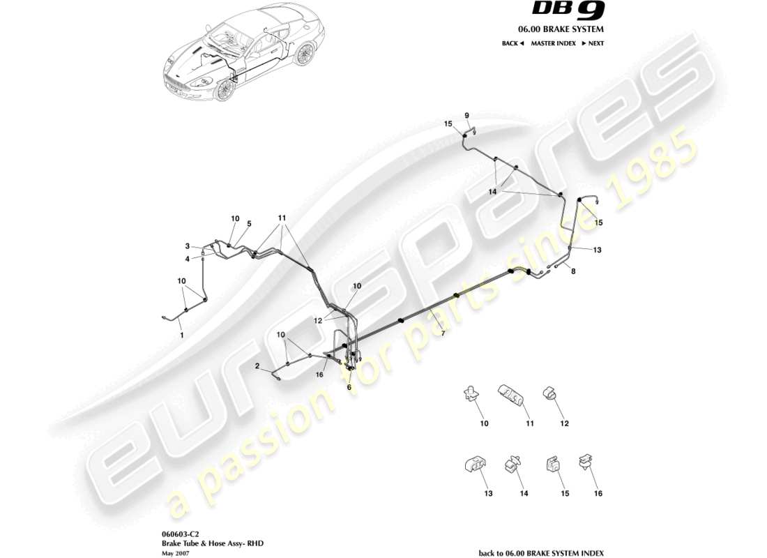 aston martin db9 (2004) brake lines & hoses, rhd part diagram