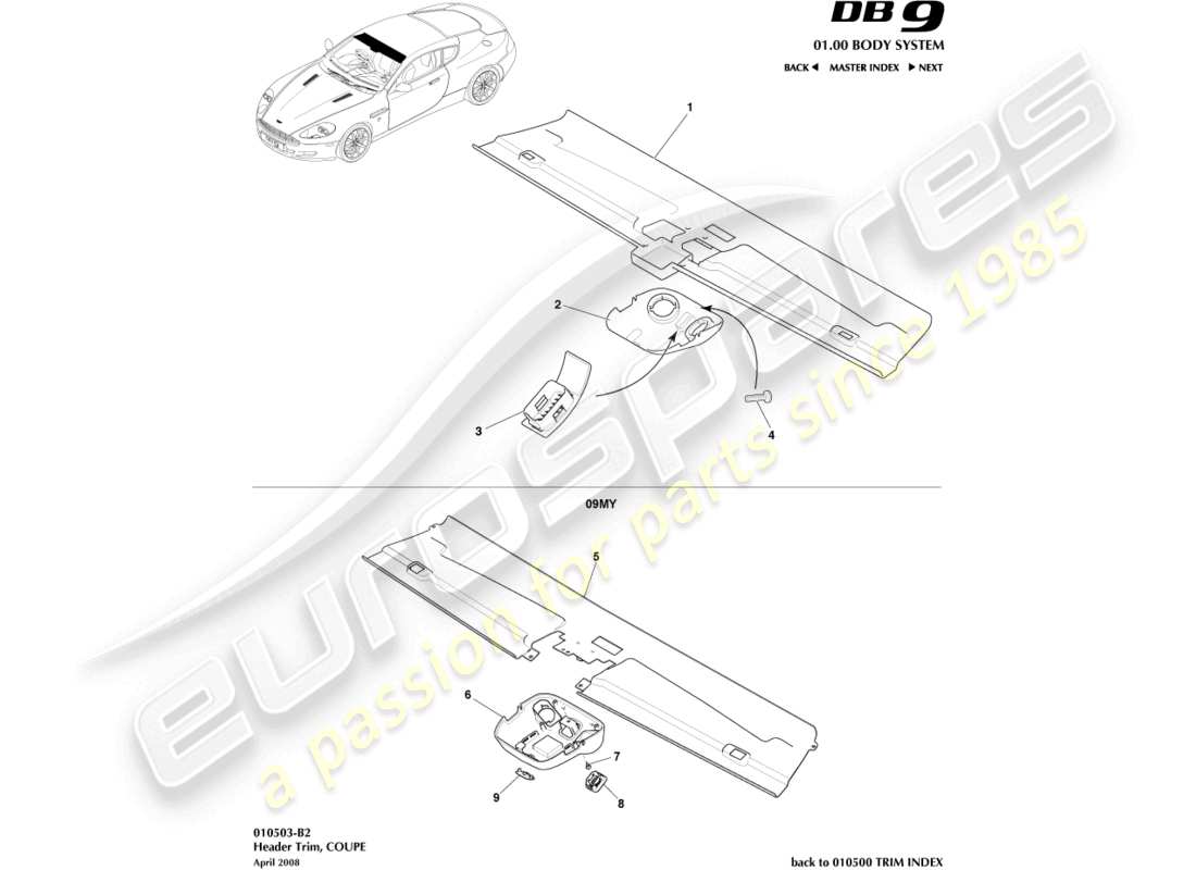 aston martin db9 (2004) header trim, coupe part diagram