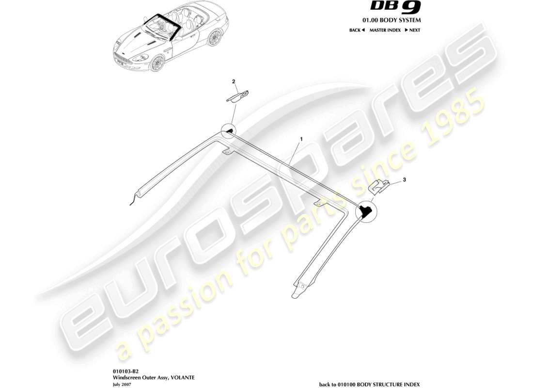 aston martin db9 (2008) windscreen, outer, volante part diagram