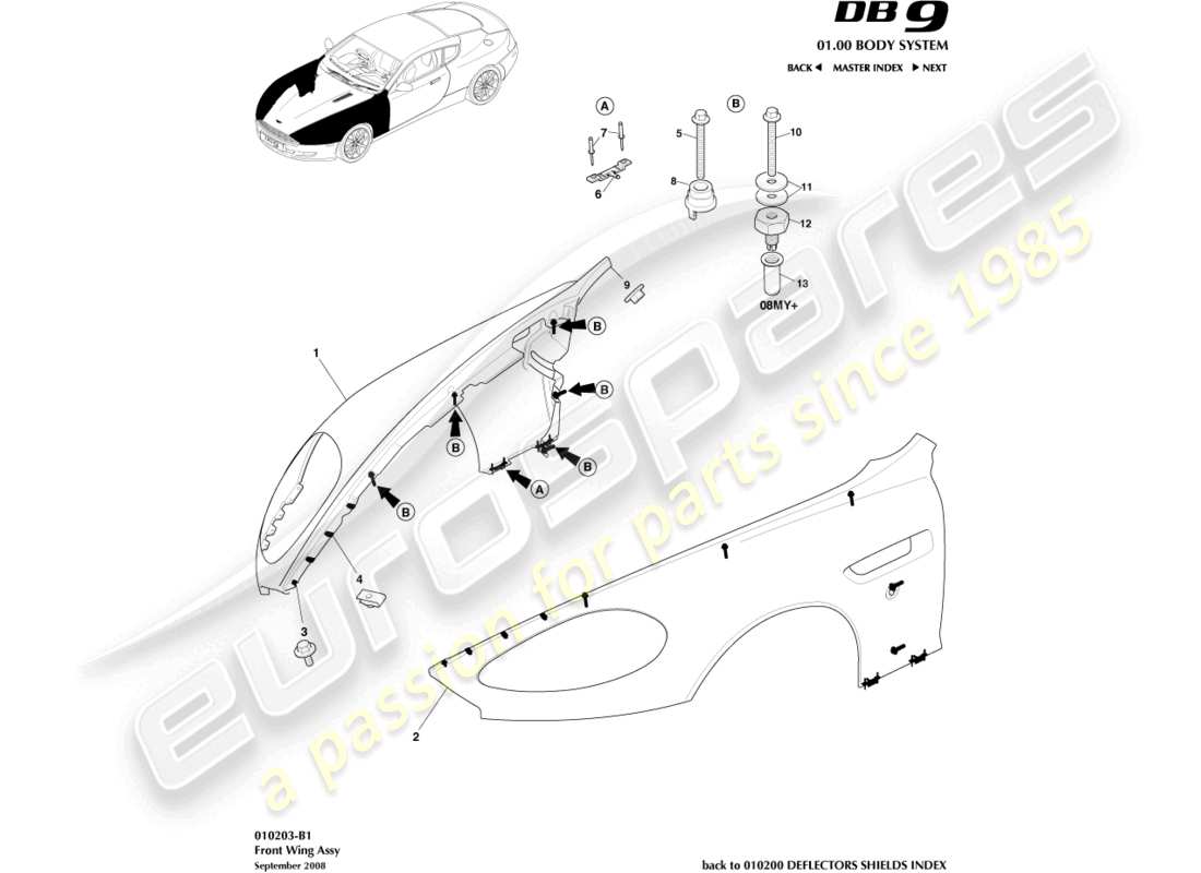 aston martin db9 (2008) front wing assembly part diagram