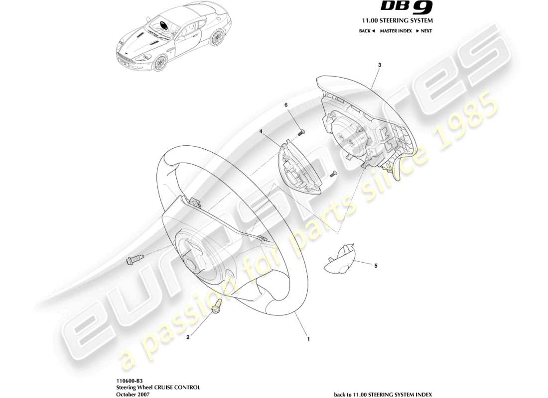 aston martin db9 (2004) steering wheel, cruise control part diagram