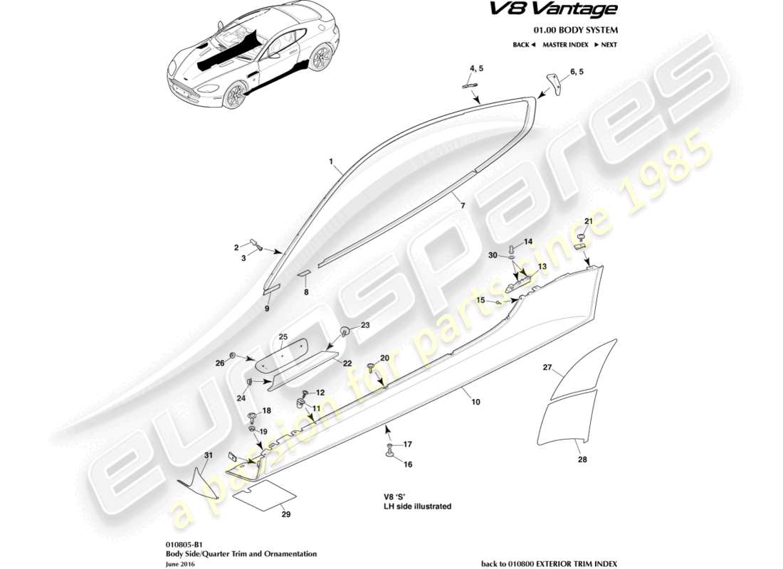 aston martin v8 vantage (2018) bodyside & quarter trim, coupe part diagram