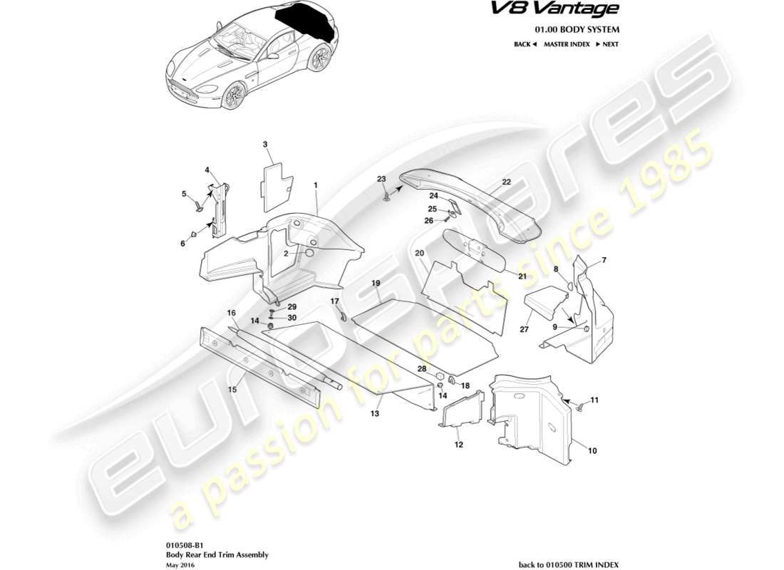 aston martin v8 vantage (2018) load compartment trim, coupe part diagram