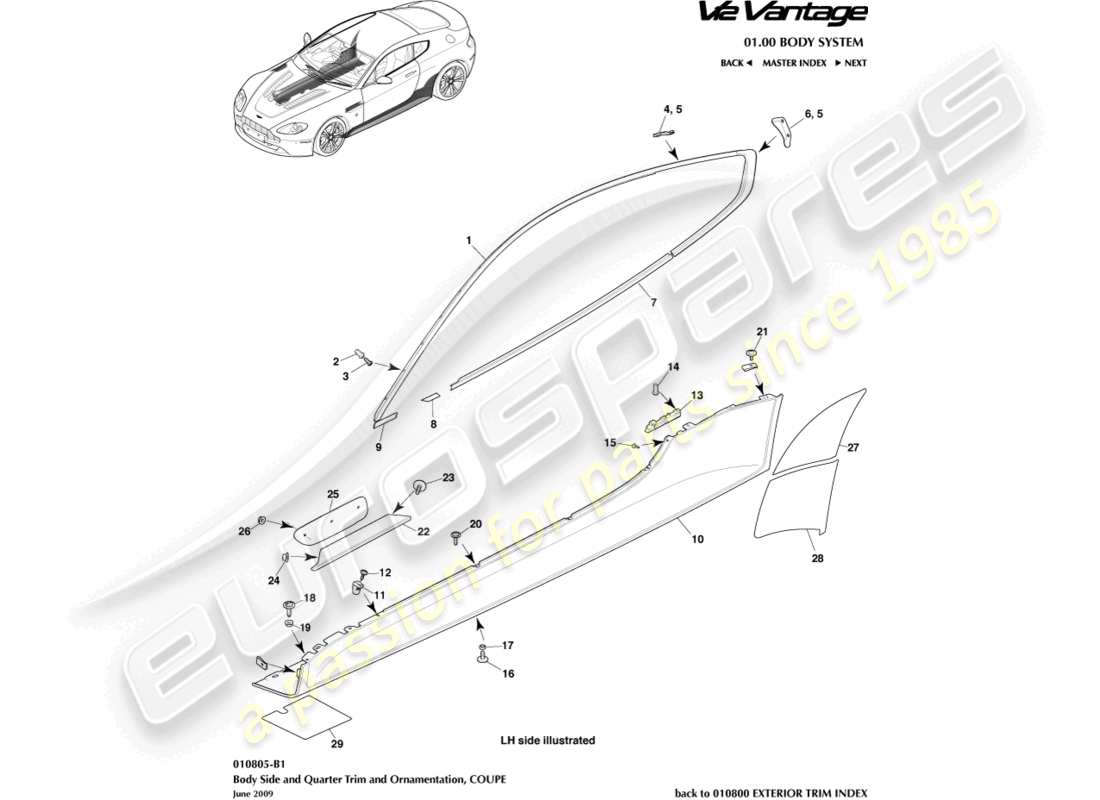 aston martin v12 vantage (2013) bodyside & quarter trim, coupe part diagram