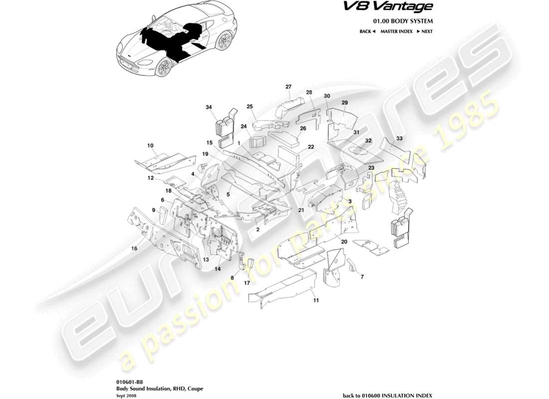 aston martin v8 vantage (2015) body insulation, rhd part diagram