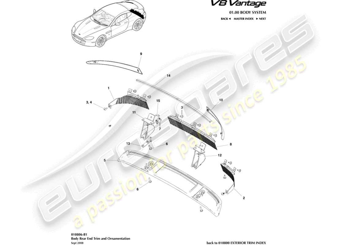 aston martin v8 vantage (2015) body rear end trim part diagram