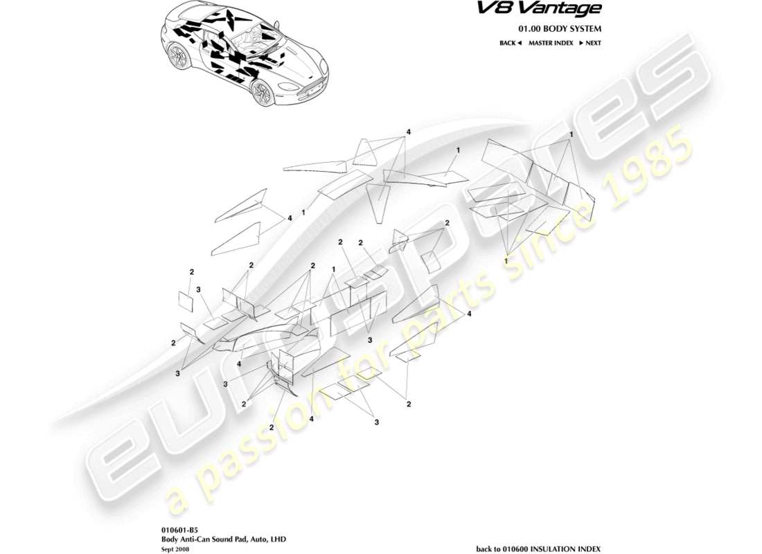 aston martin v8 vantage (2015) anti-can sound pads, lhd part diagram