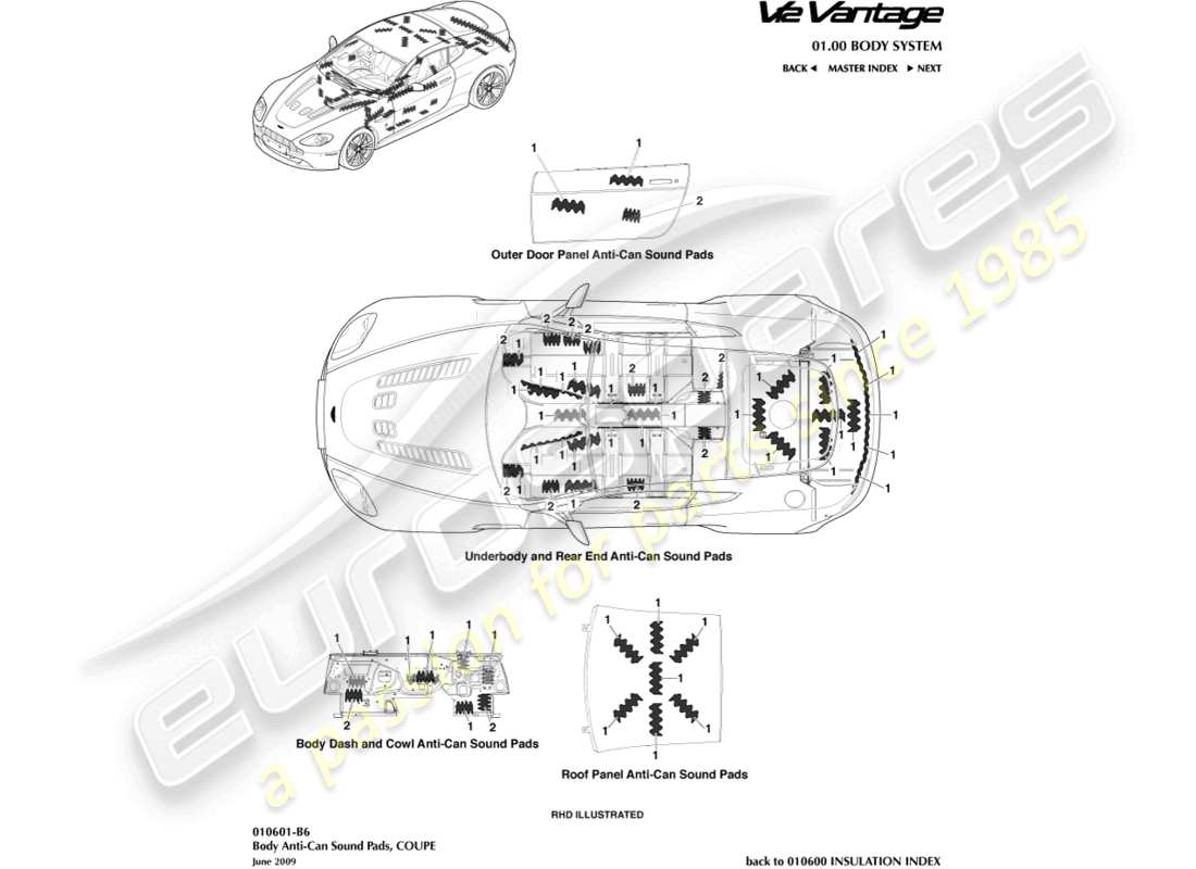 aston martin v12 vantage (2012) anti-can sound pads, coupe part diagram