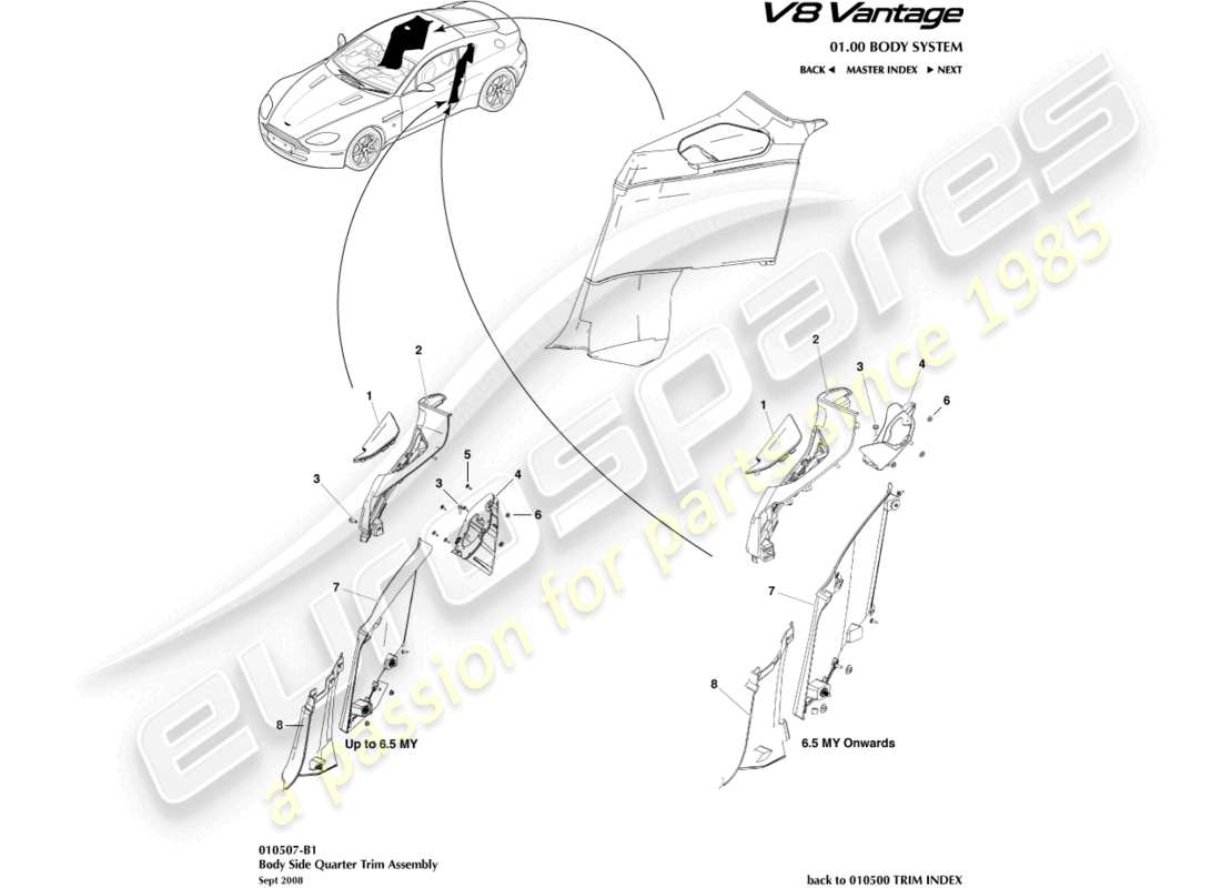 aston martin v8 vantage (2015) body side quarter trim, coupe part diagram