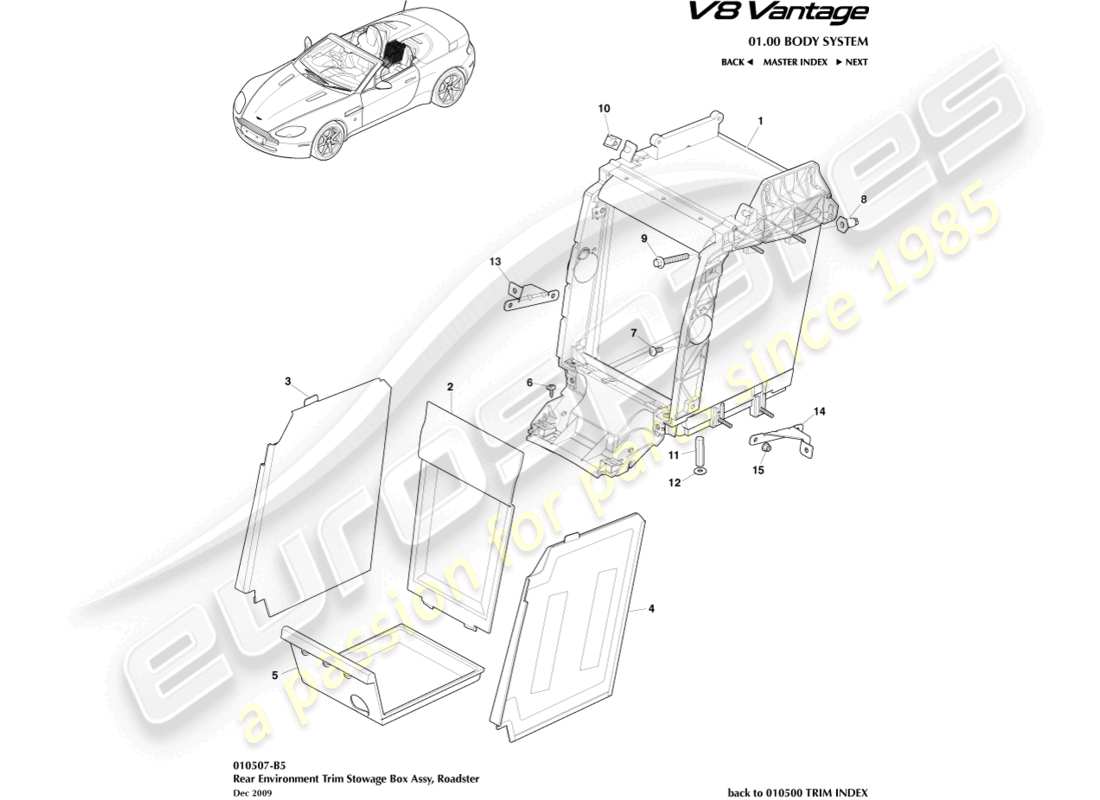 aston martin v8 vantage (2015) rear environment trim, roadster part diagram
