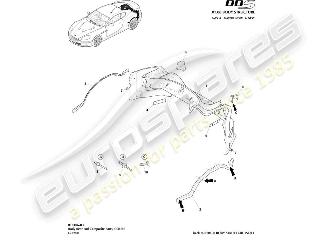 aston martin dbs (2010) body rear end composite, coupe part diagram