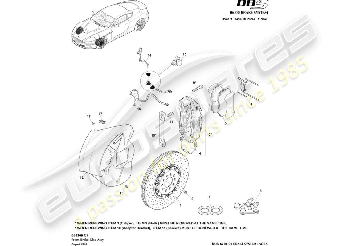 aston martin dbs (2010) front brake system part diagram