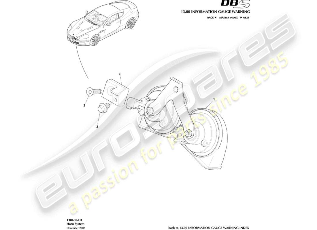 aston martin dbs (2010) horn system part diagram