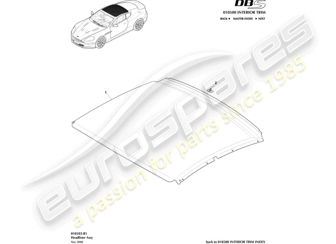 aston martin dbs (2010) headliner assy part diagram