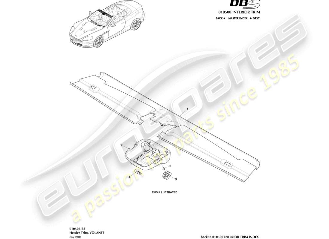 aston martin dbs (2010) header trim, volante part diagram