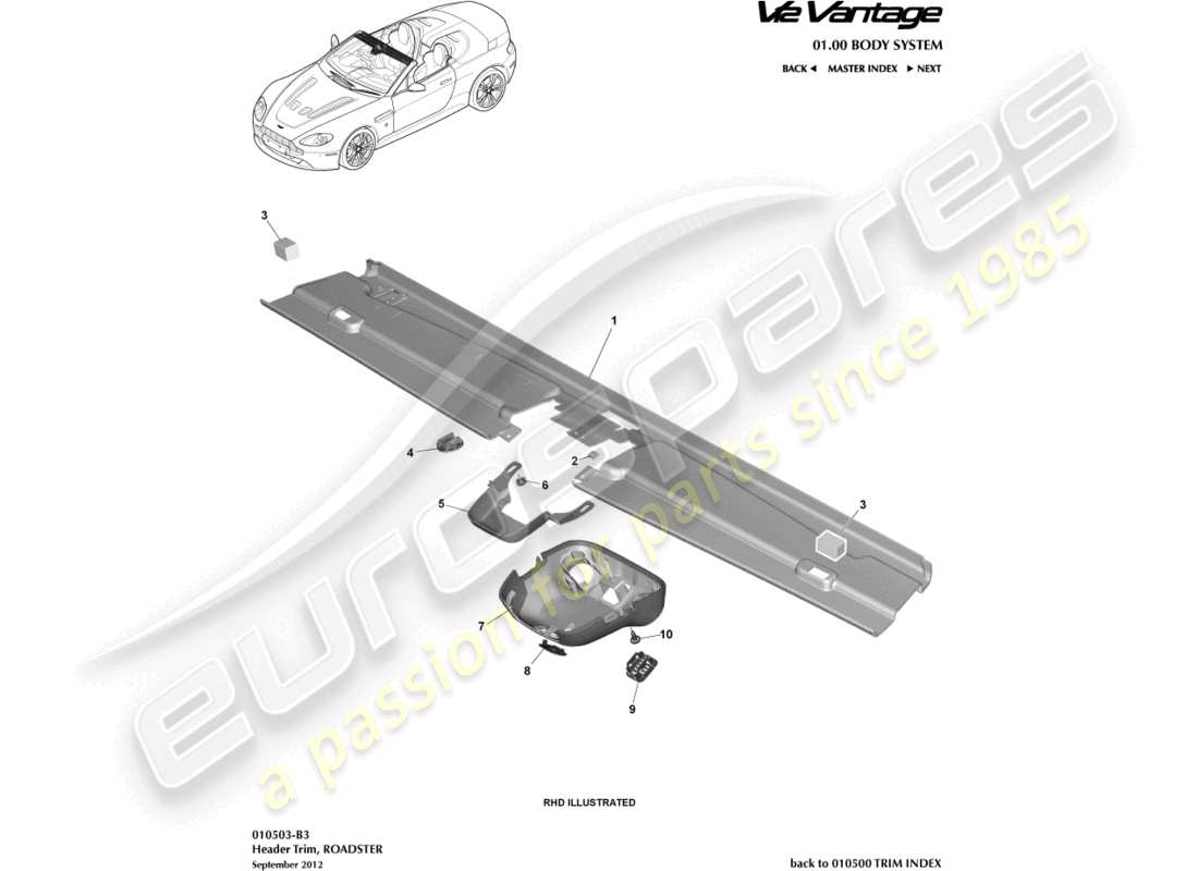 aston martin v12 vantage (2012) header trim, roadster part diagram