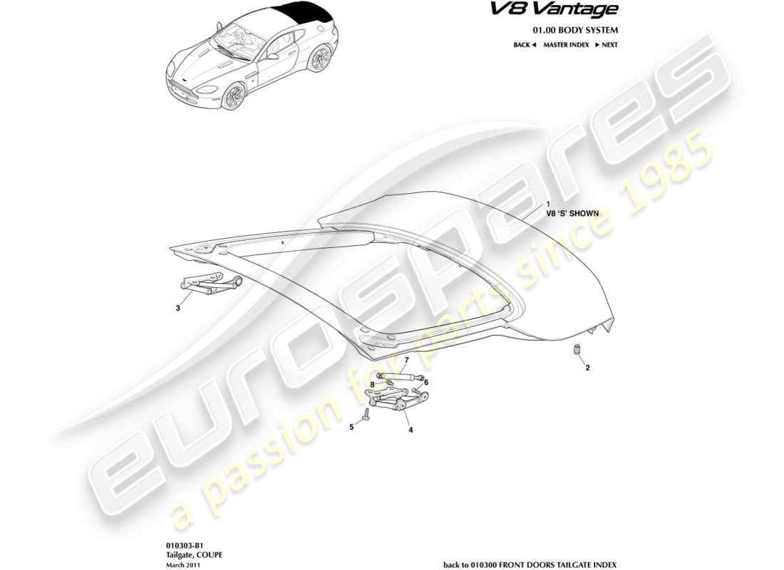 aston martin v8 vantage (2018) tailgate, coupe part diagram