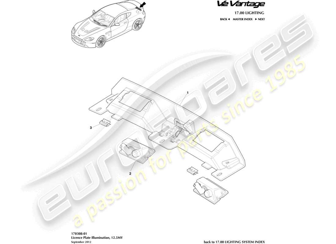 aston martin v12 vantage (2010) license plate lamps, 12.5my part diagram