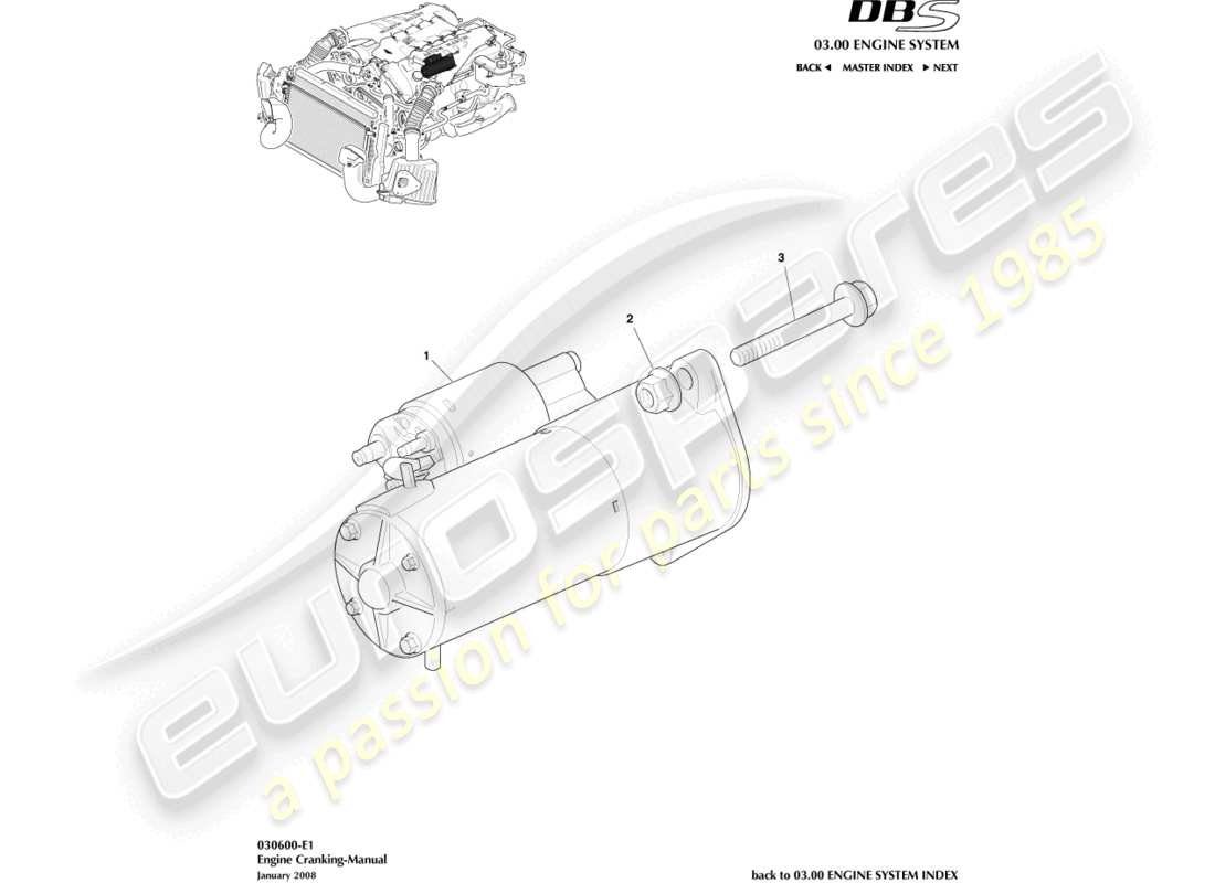 aston martin dbs (2008) starter motor, manual part diagram