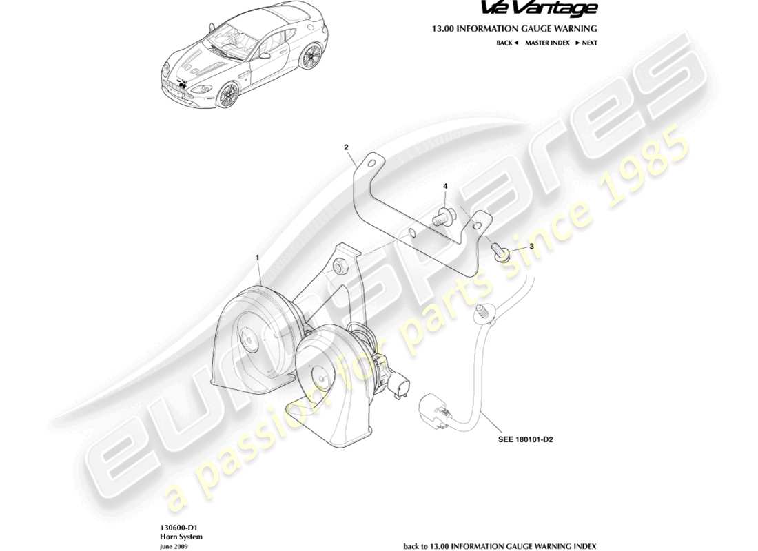 aston martin v12 vantage (2010) horn system part diagram