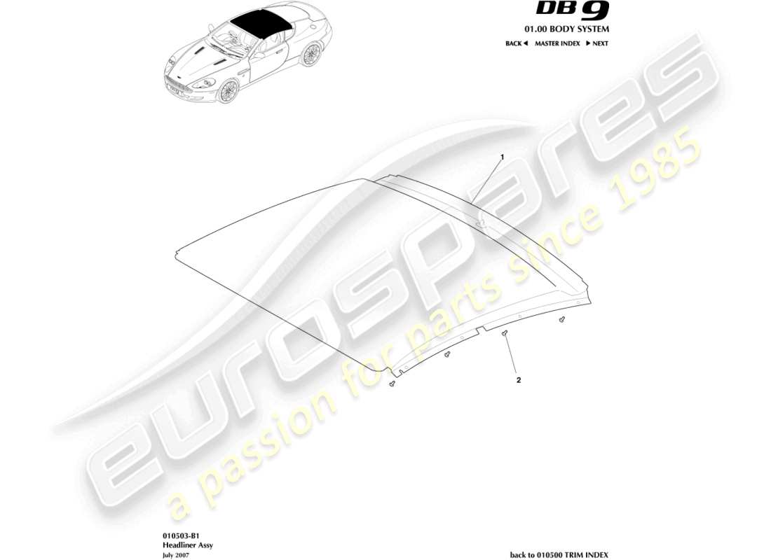 aston martin db9 (2005) headliner assy part diagram