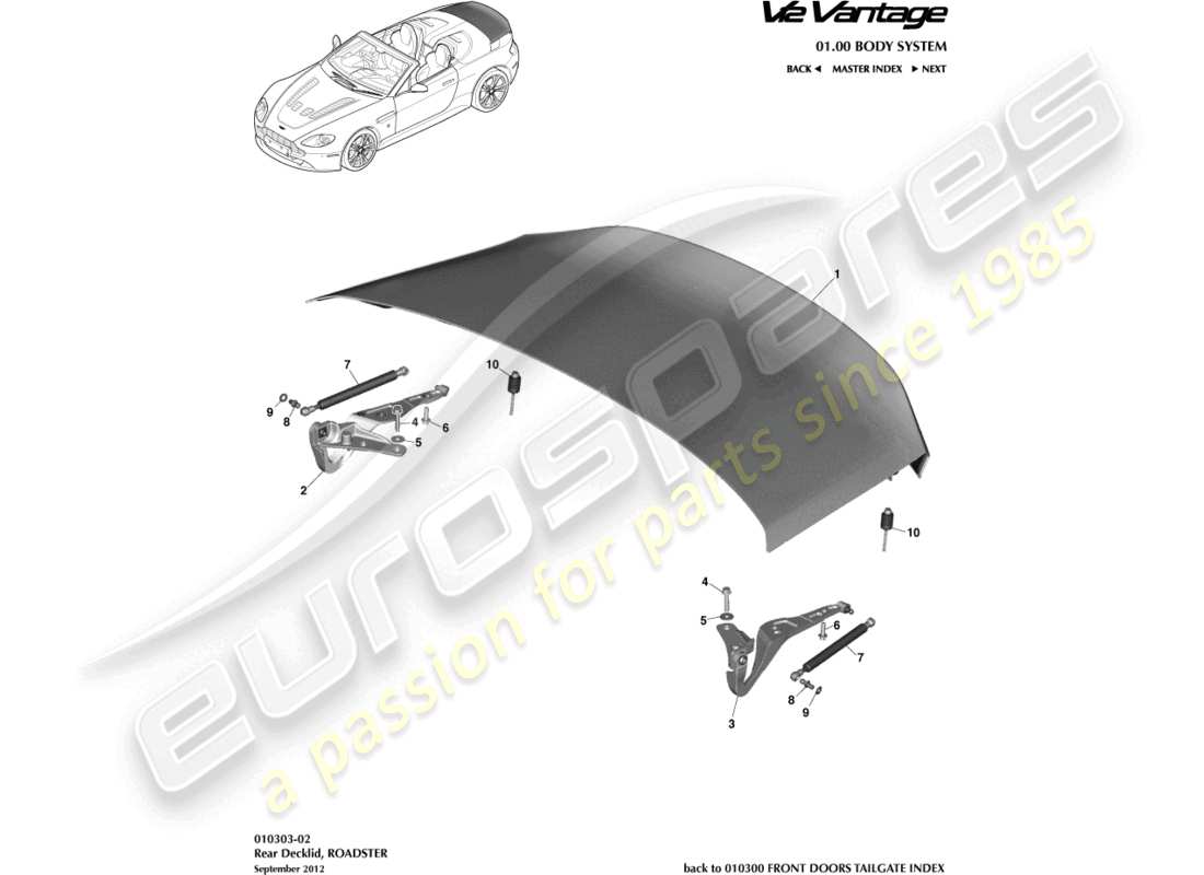 aston martin v12 vantage (2012) deck lid, roadster part diagram