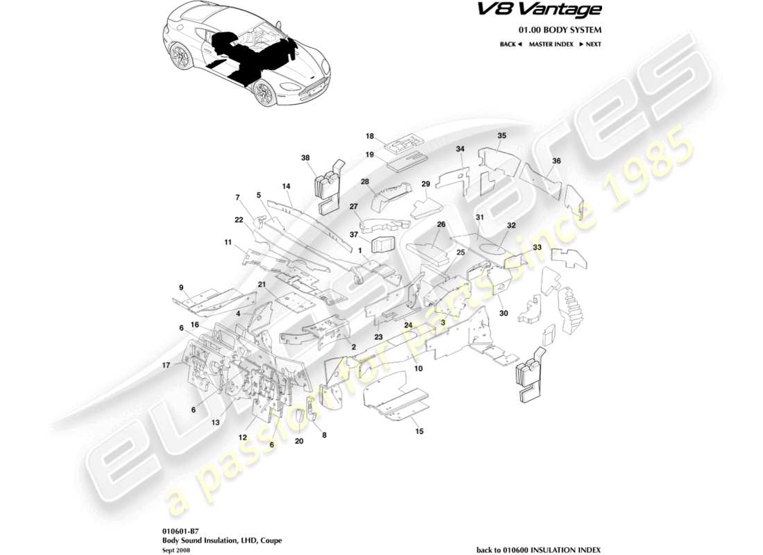 aston martin v8 vantage (2018) body insulation, lhd part diagram