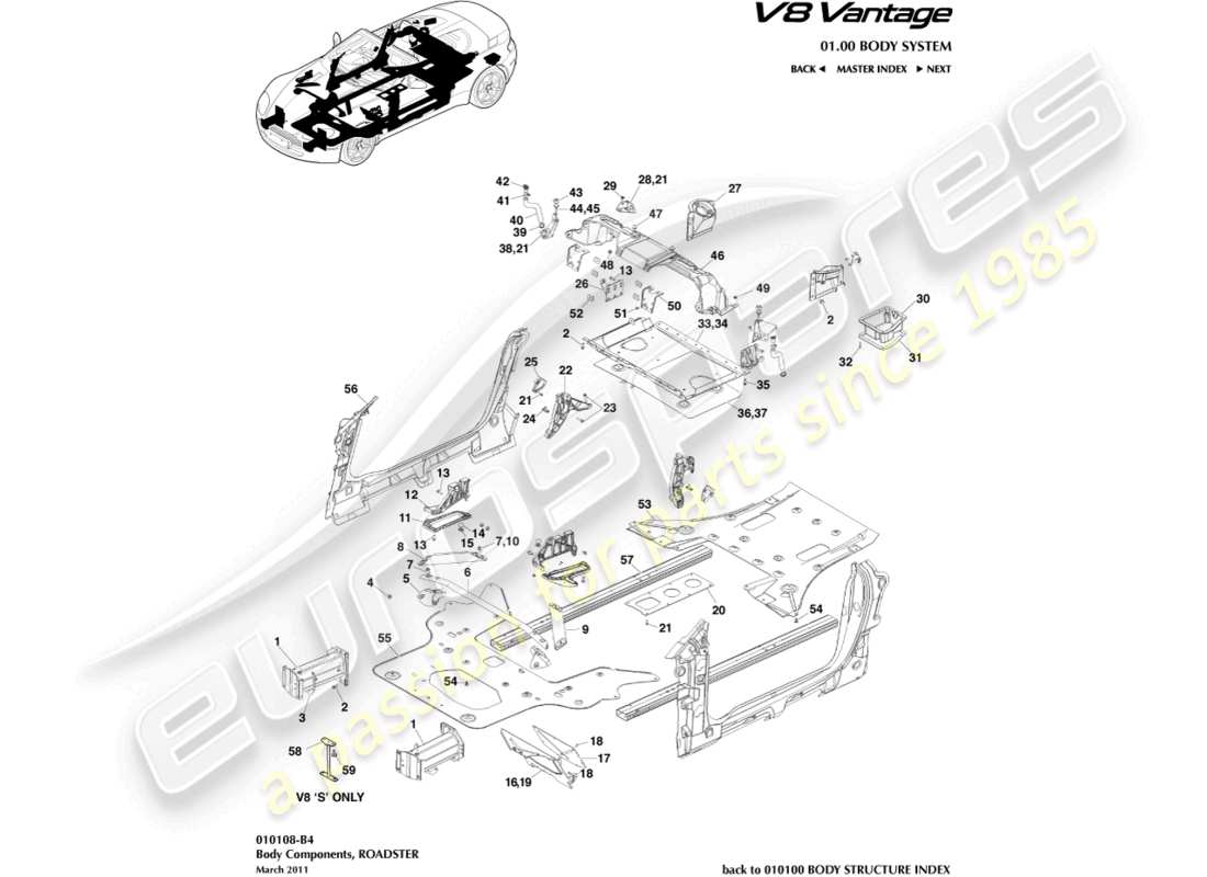 aston martin v8 vantage (2018) body components, roadster part diagram