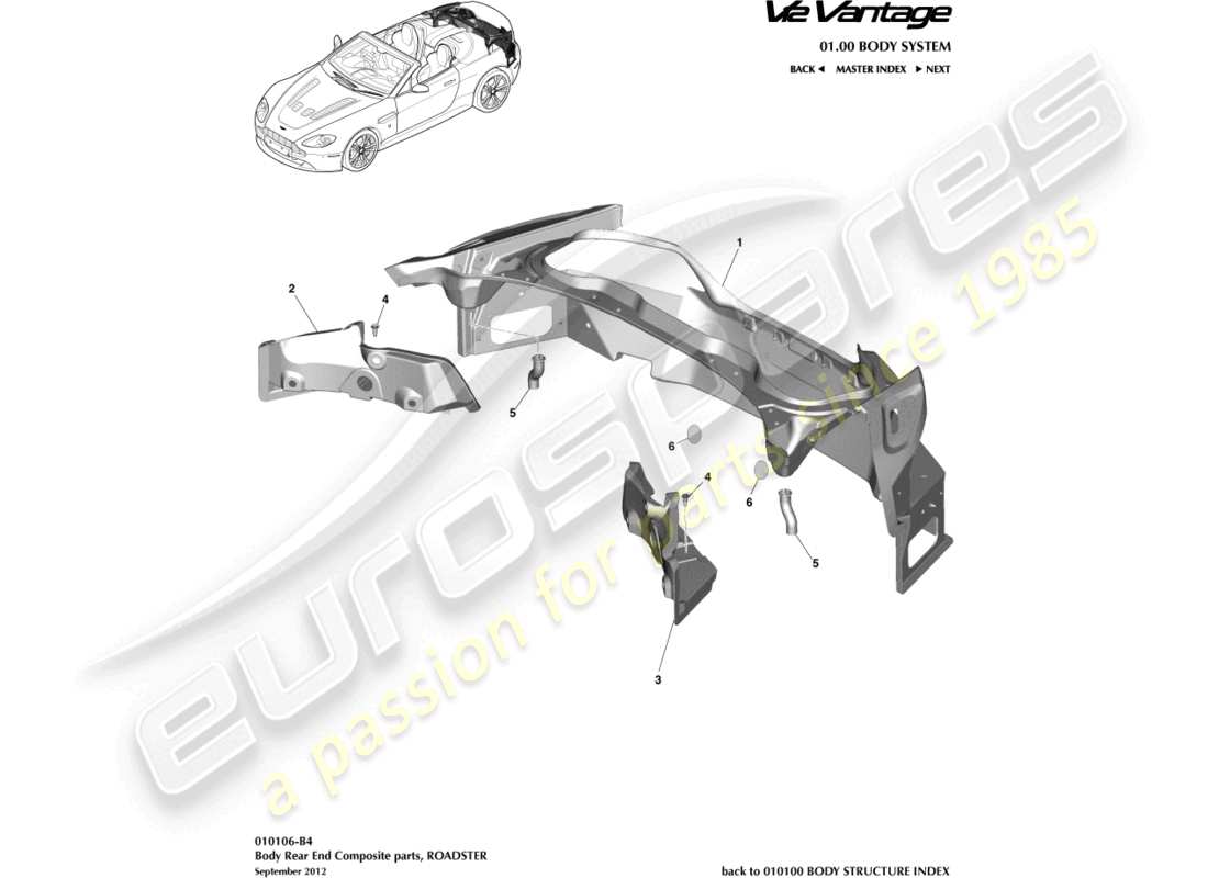 aston martin v12 vantage (2012) body rear end composite, roadster part diagram