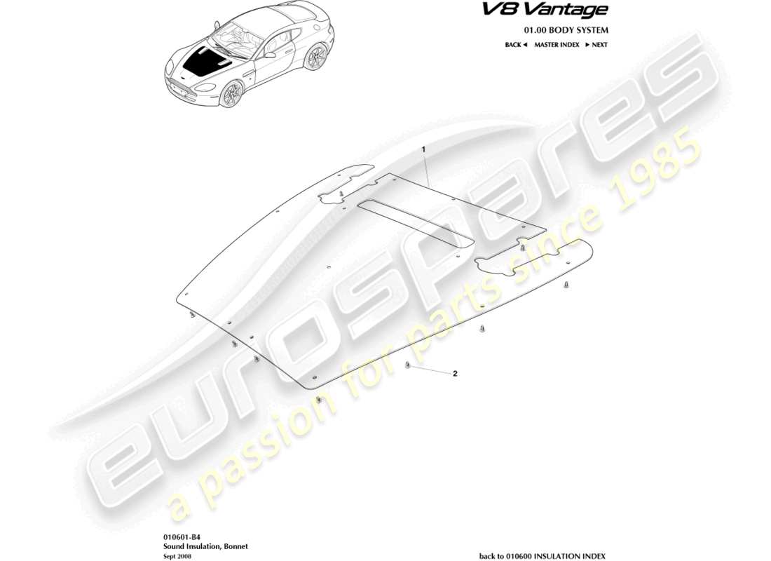 aston martin v8 vantage (2018) sound insulation, engine comp part diagram