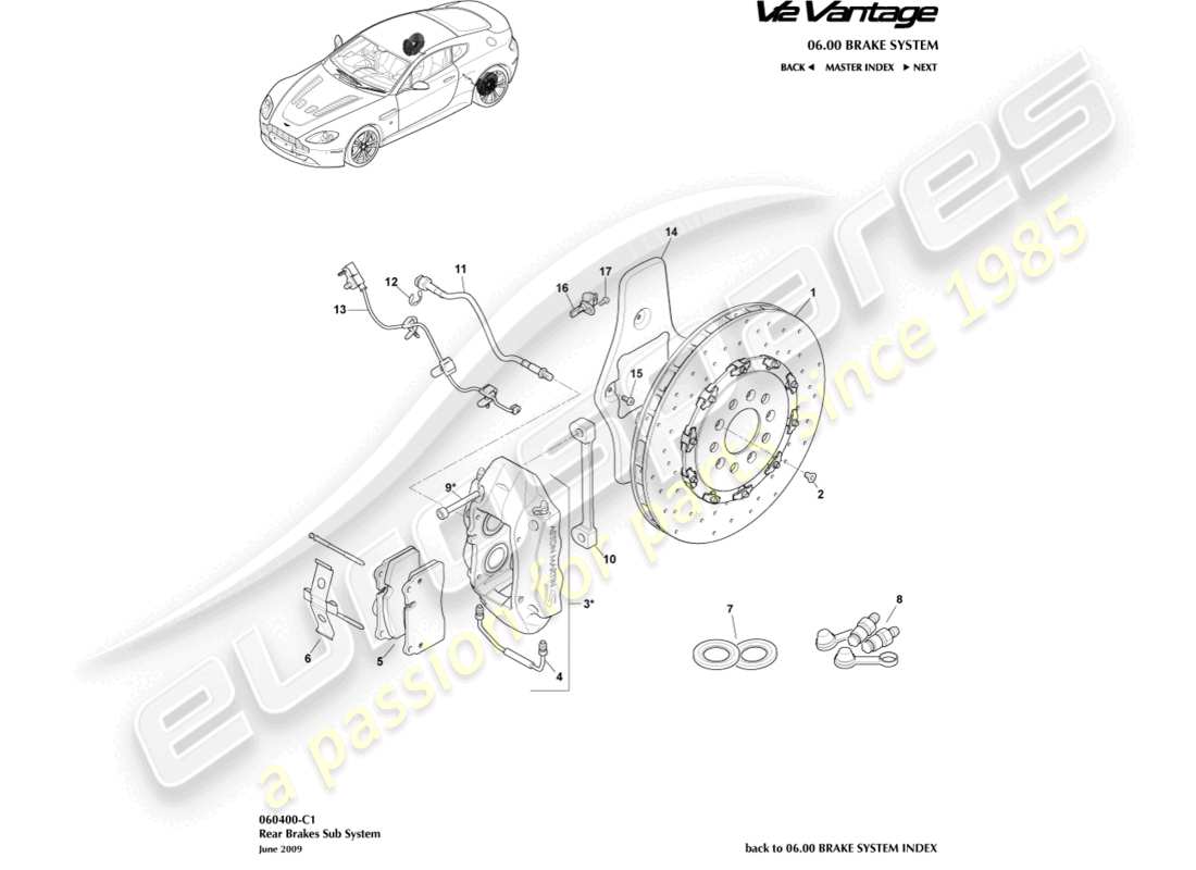 aston martin v12 vantage (2012) rear brake system part diagram